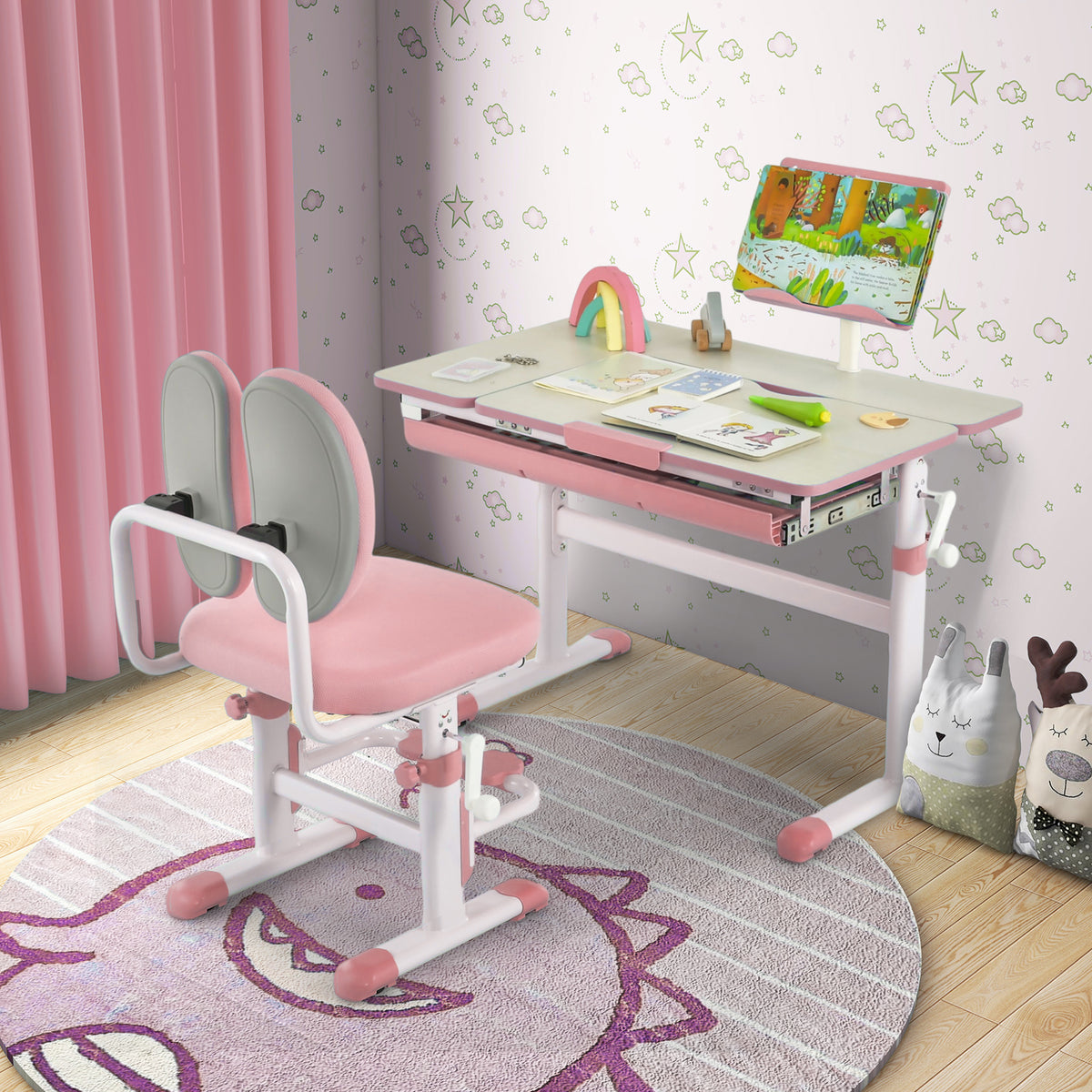 Pink Height-Adjustable Kids Desk with Tilt Desktop & Book Stand