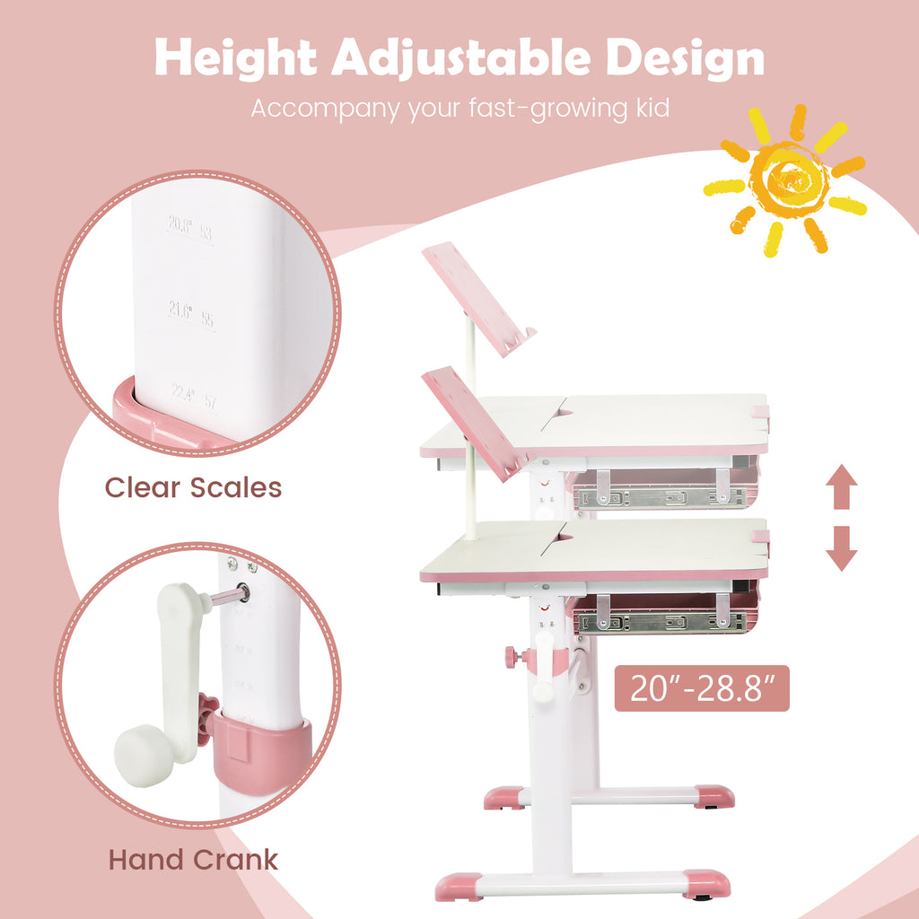 Pink Height-Adjustable Kids Desk with Tilt Desktop & Book Stand