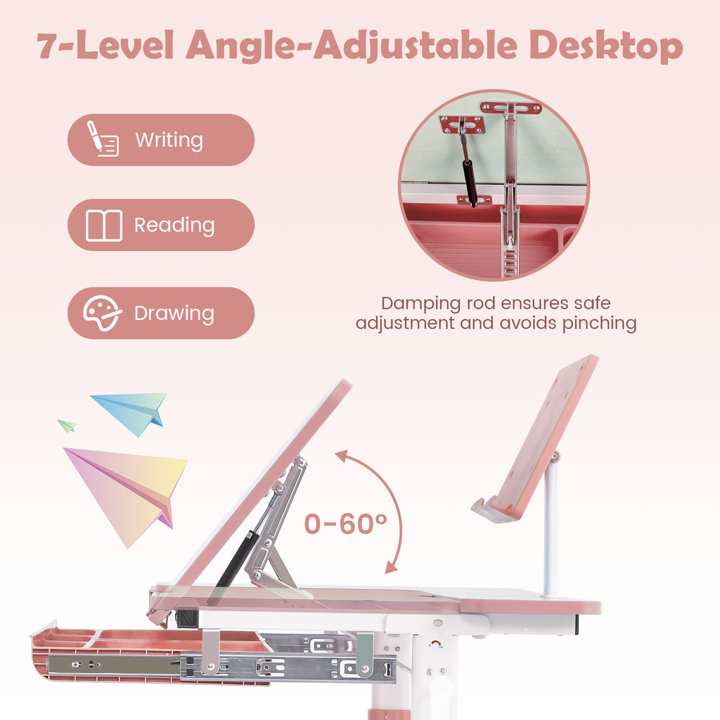 Pink Height-Adjustable Kids Desk with Tilt Desktop & Book Stand