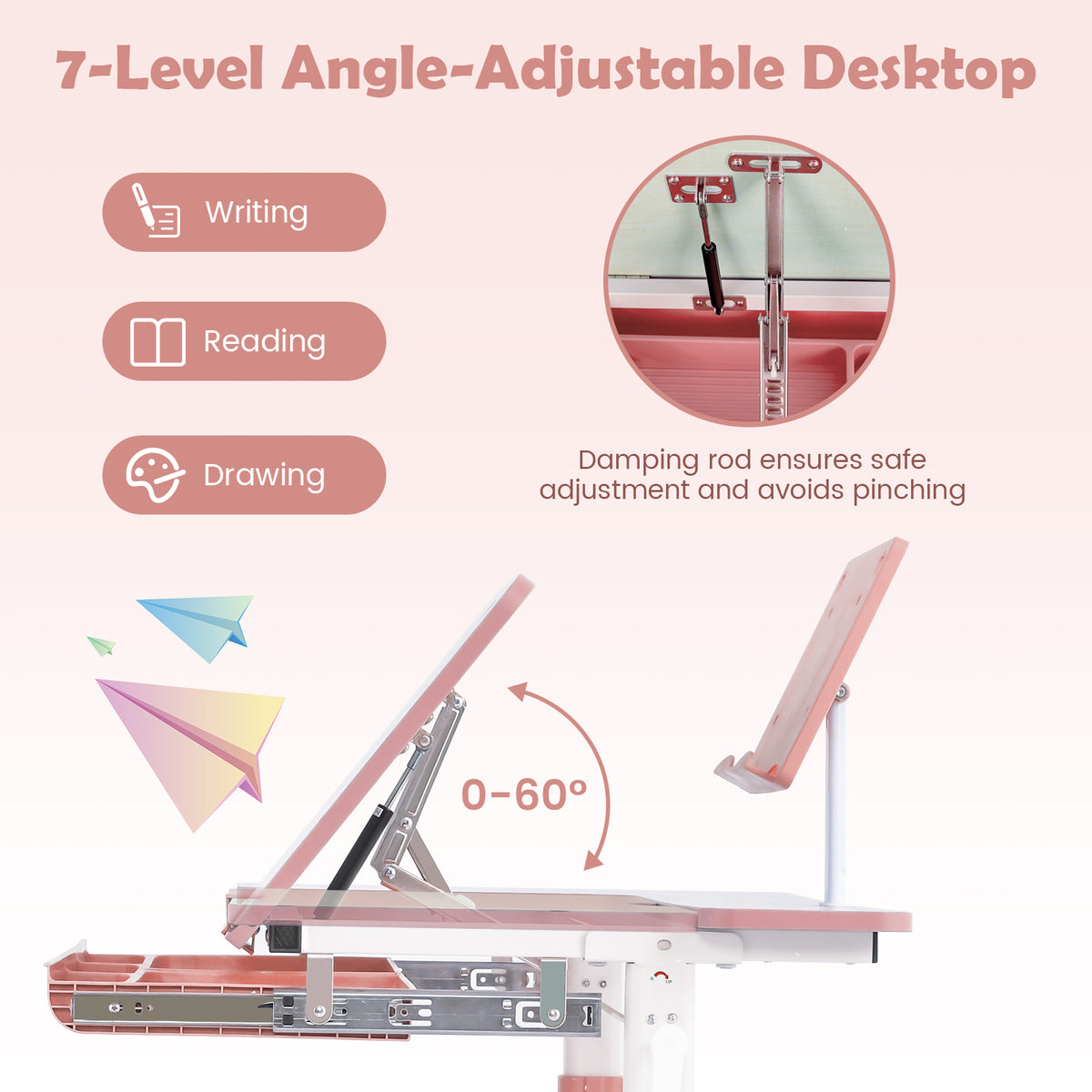 Pink Height-Adjustable Kids Desk with Tilt Desktop & Book Stand