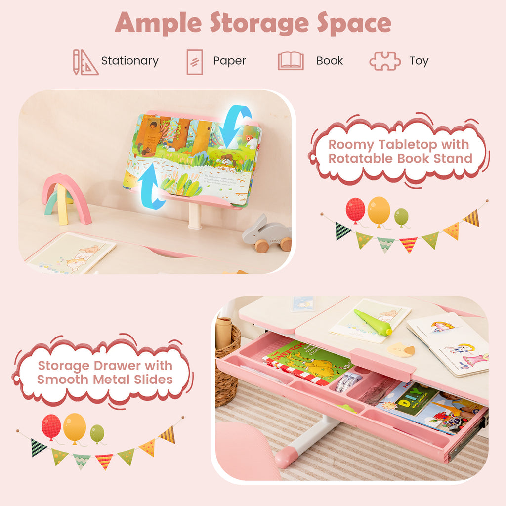 Pink Height-Adjustable Kids Desk with Tilt Desktop & Book Stand