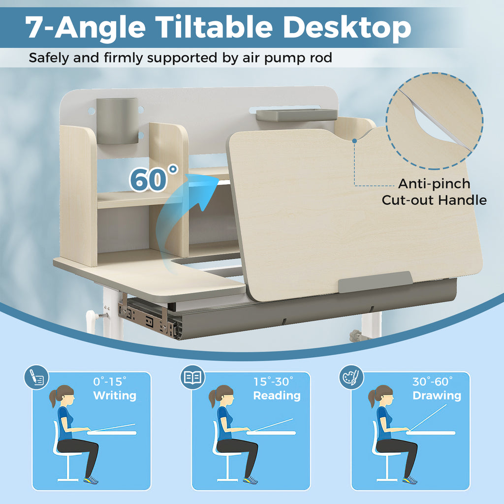 Kids Study Desk with Tilt-Adjustable Desktop, Height & Angle Adjustable, Gray - Perfect for 3-12 Years Old
