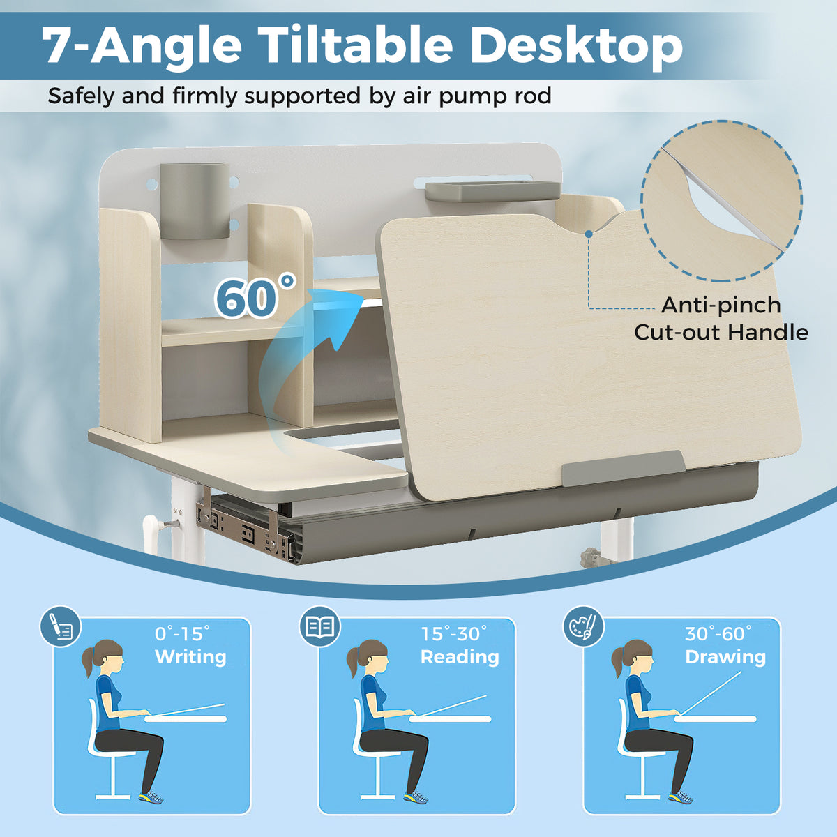 Kids Study Desk with Tilt-Adjustable Desktop, Height & Angle Adjustable, Gray - Perfect for 3-12 Years Old