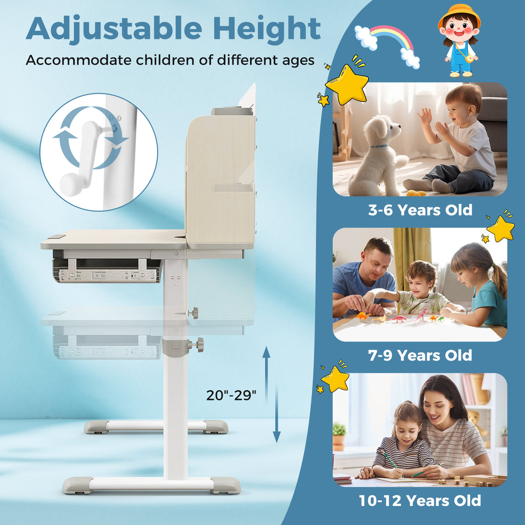 Kids Study Desk with Tilt-Adjustable Desktop, Height & Angle Adjustable, Gray - Perfect for 3-12 Years Old