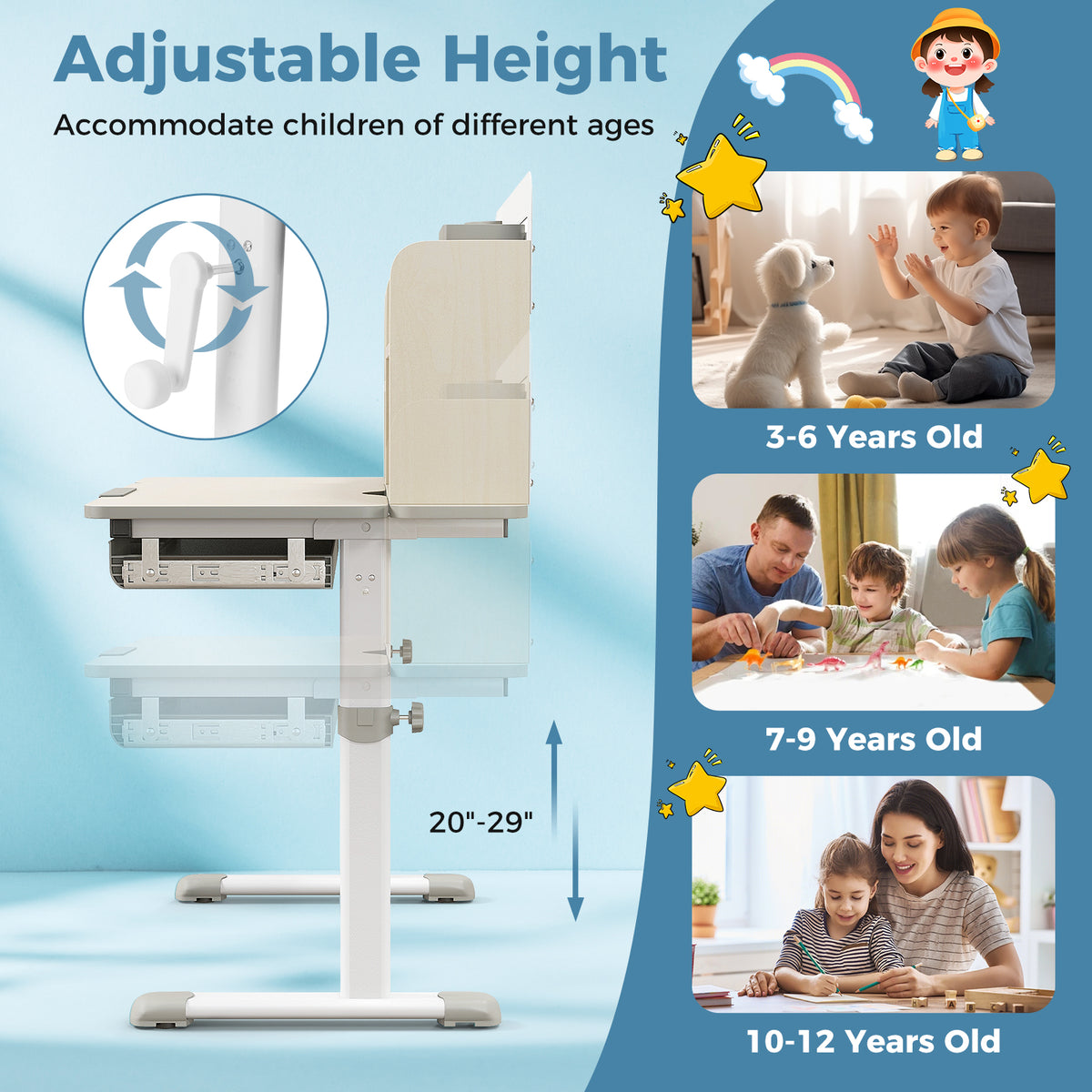 Kids Study Desk with Tilt-Adjustable Desktop, Height & Angle Adjustable, Gray - Perfect for 3-12 Years Old