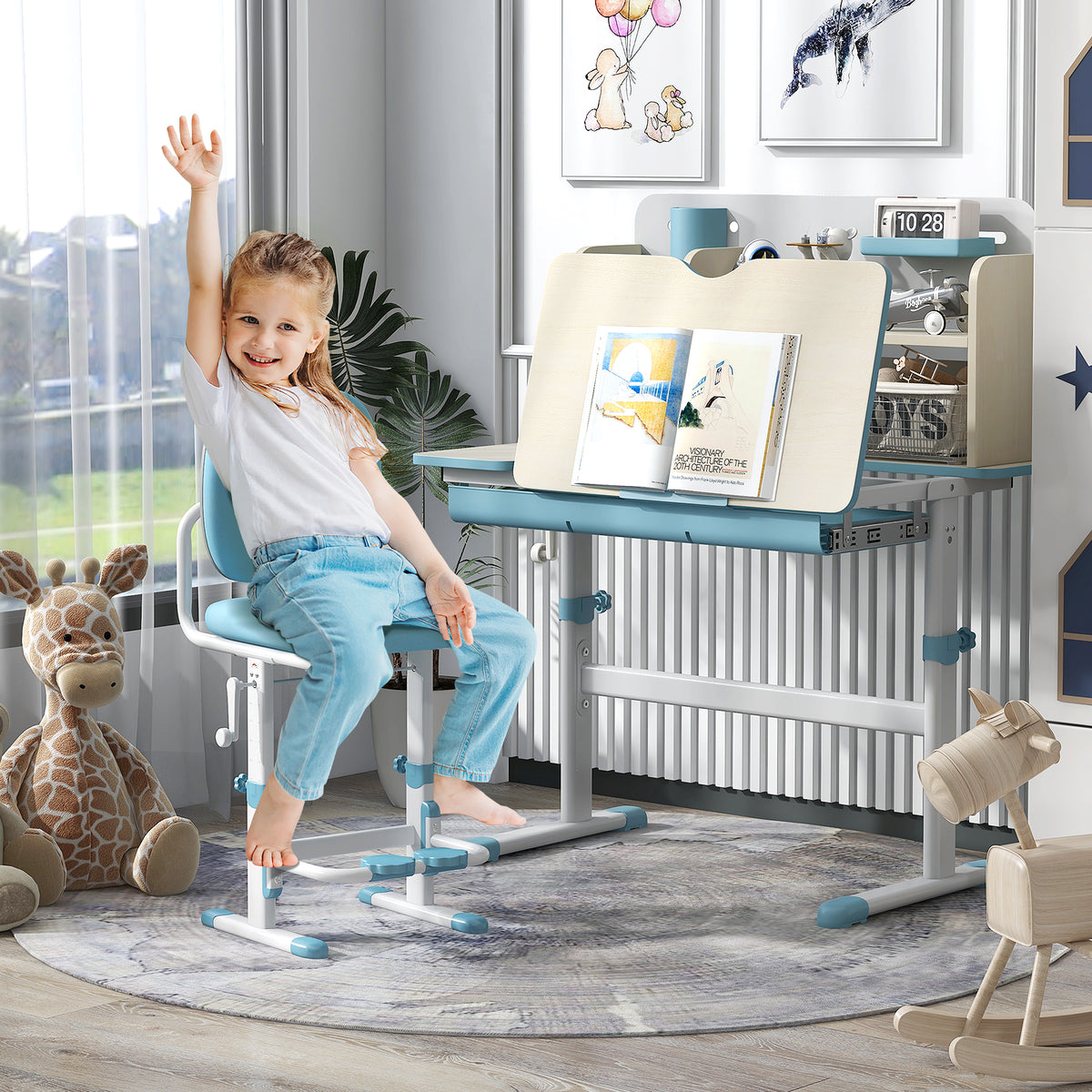 Kids Study Desk with Adjustable Height & Tilt Desktop - Blue Variation