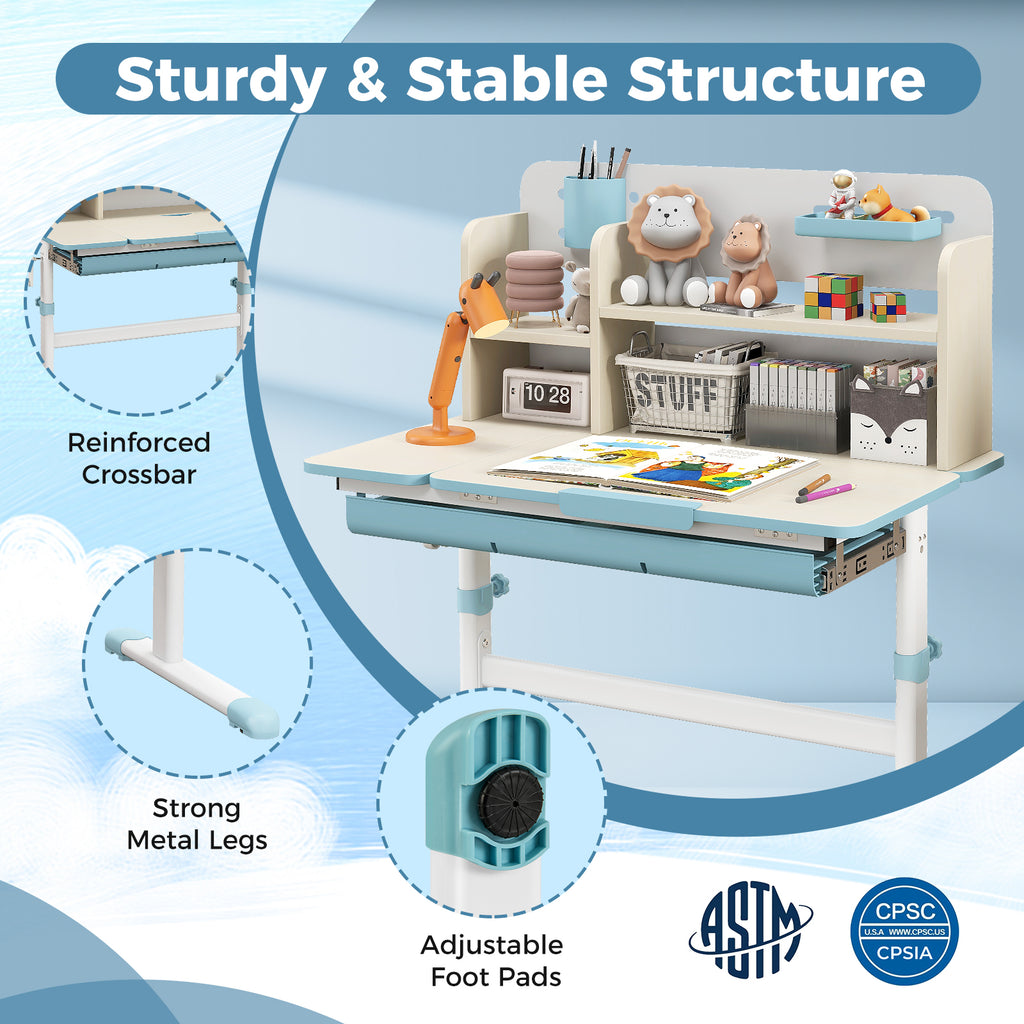 Kids Study Desk with Adjustable Height & Tilt Desktop - Blue Variation