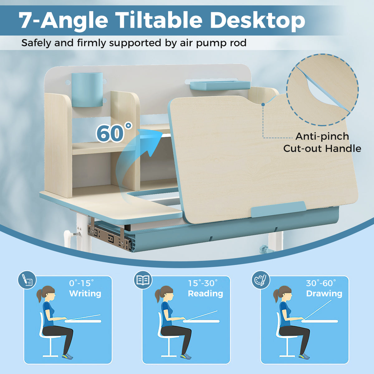 Kids Study Desk with Adjustable Height & Tilt Desktop - Blue Variation