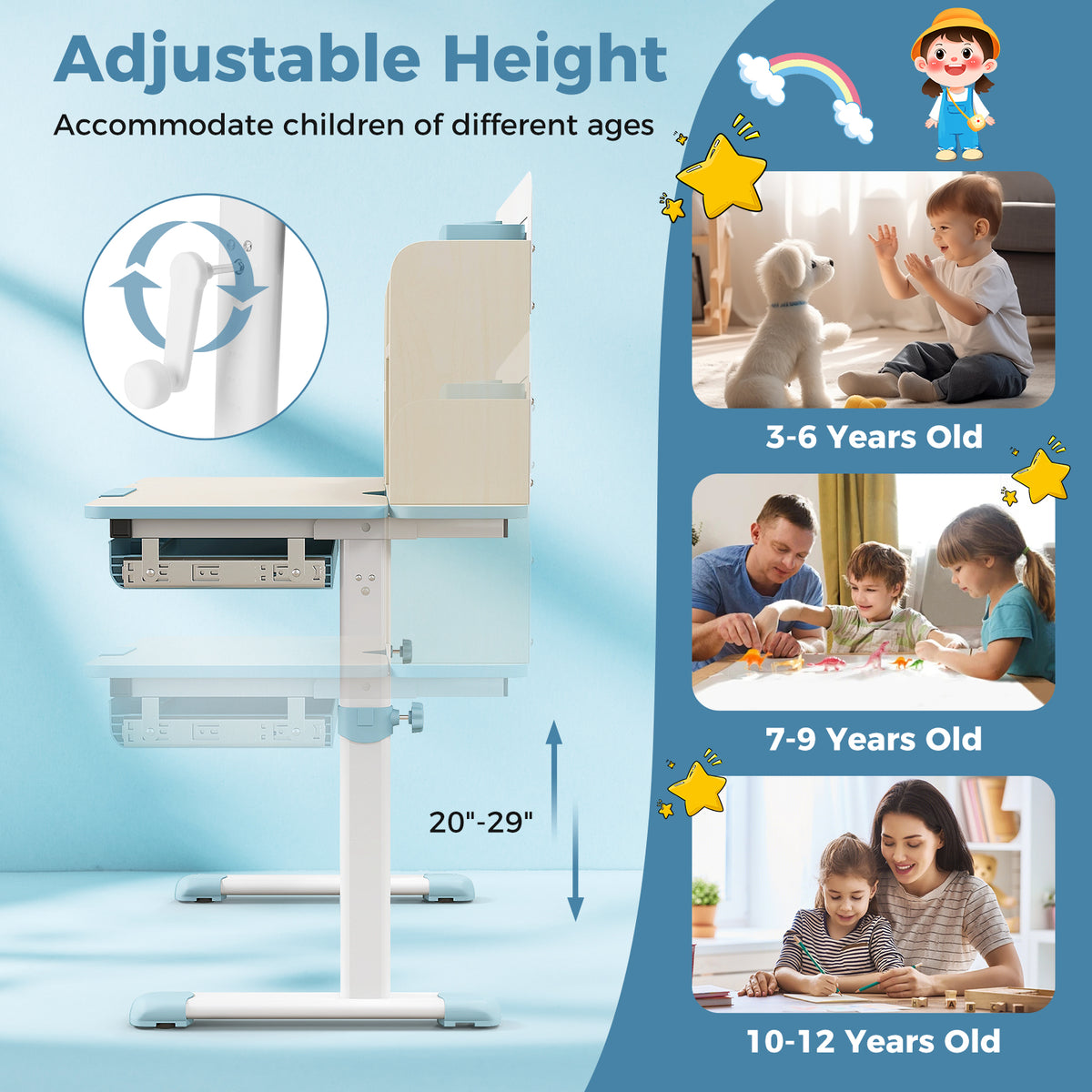 Kids Study Desk with Adjustable Height & Tilt Desktop - Blue Variation