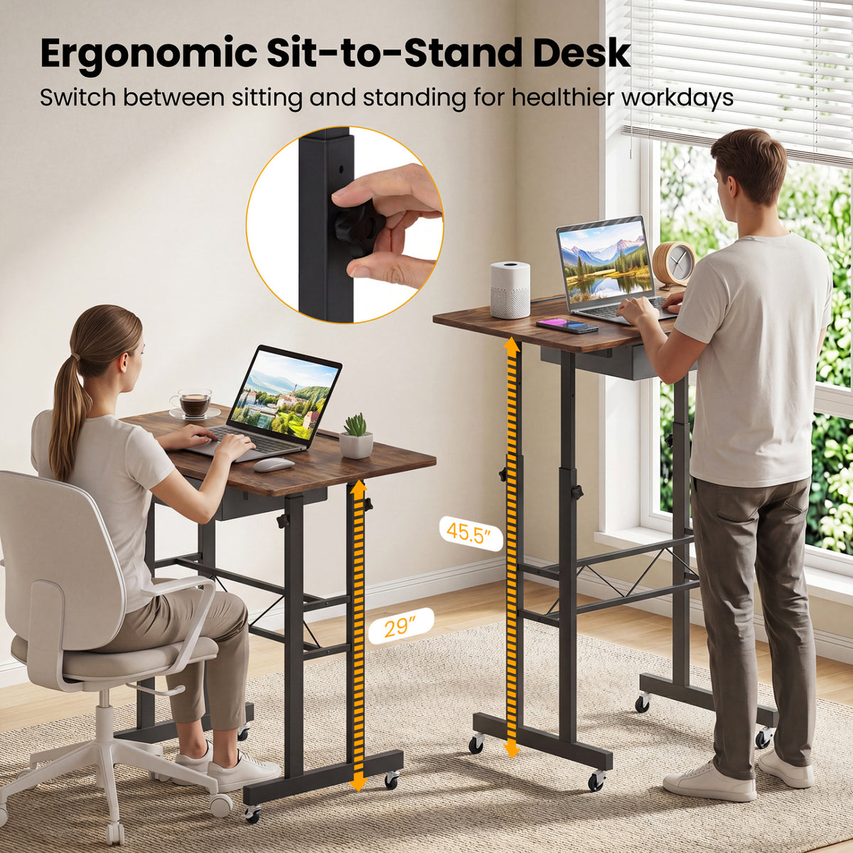 Height Adjustable Laptop Desk with Wheels - Rustic Brown