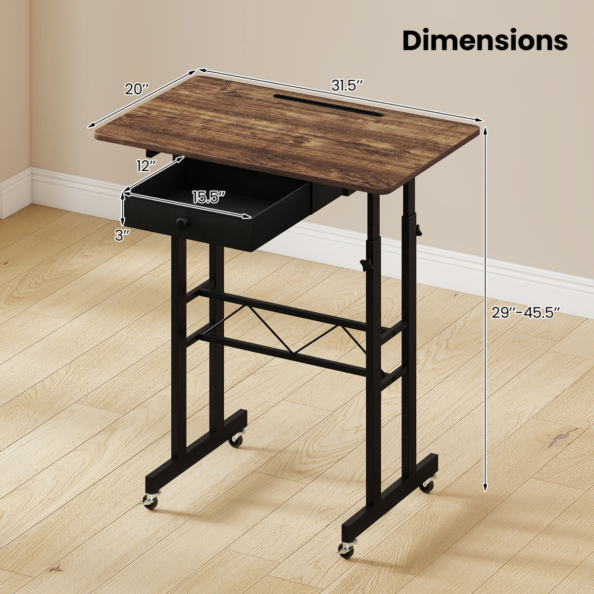 Height Adjustable Laptop Desk with Wheels - Rustic Brown