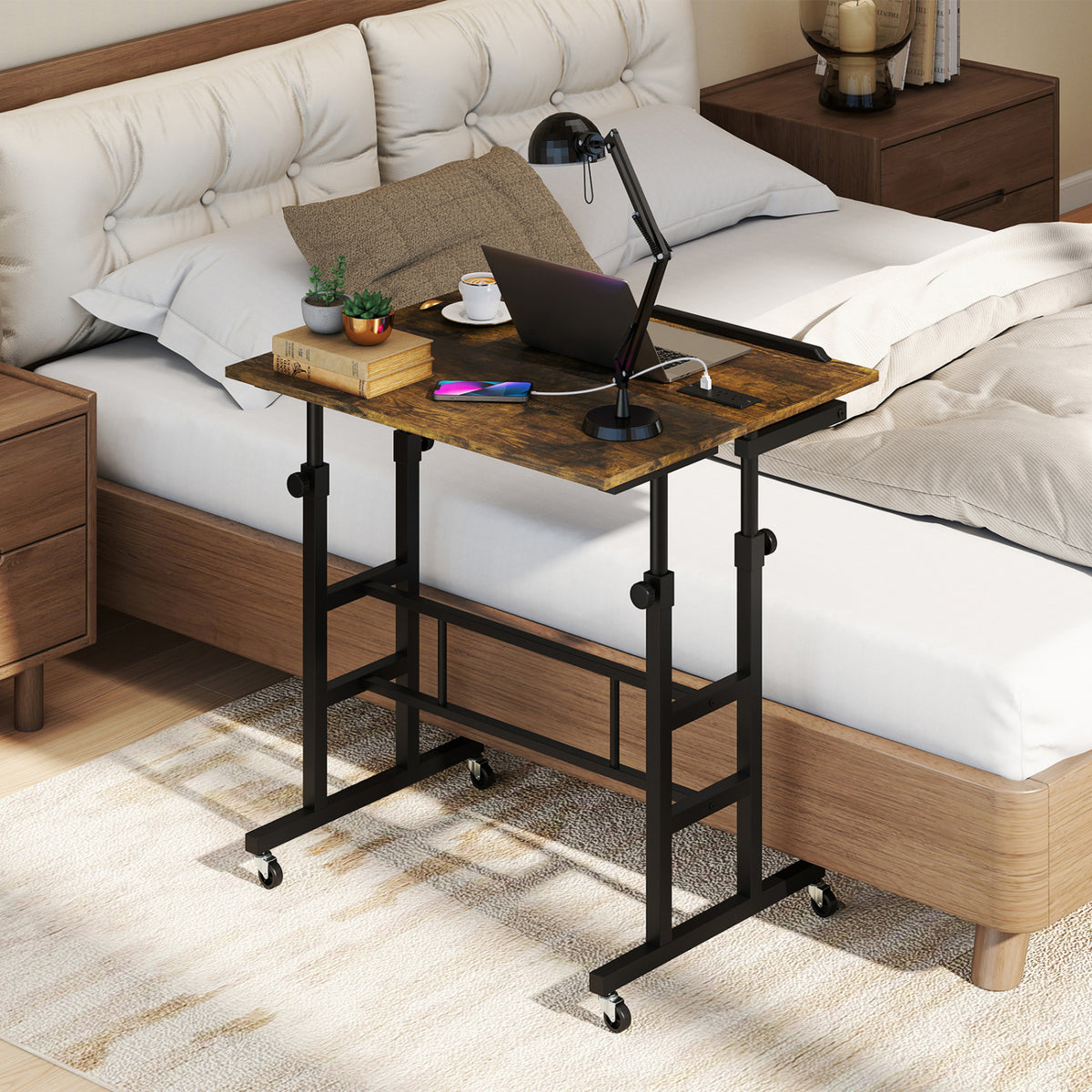 Height Adjustable Mobile Standing Desk with Power Outlets - Rustic Brown