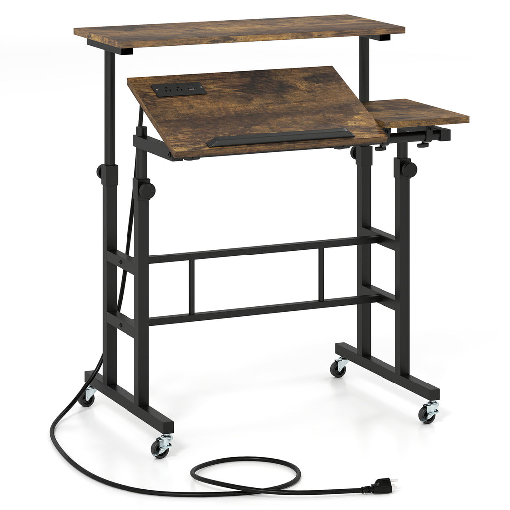 Height Adjustable Mobile Standing Desk with Power Outlets - Rustic Brown