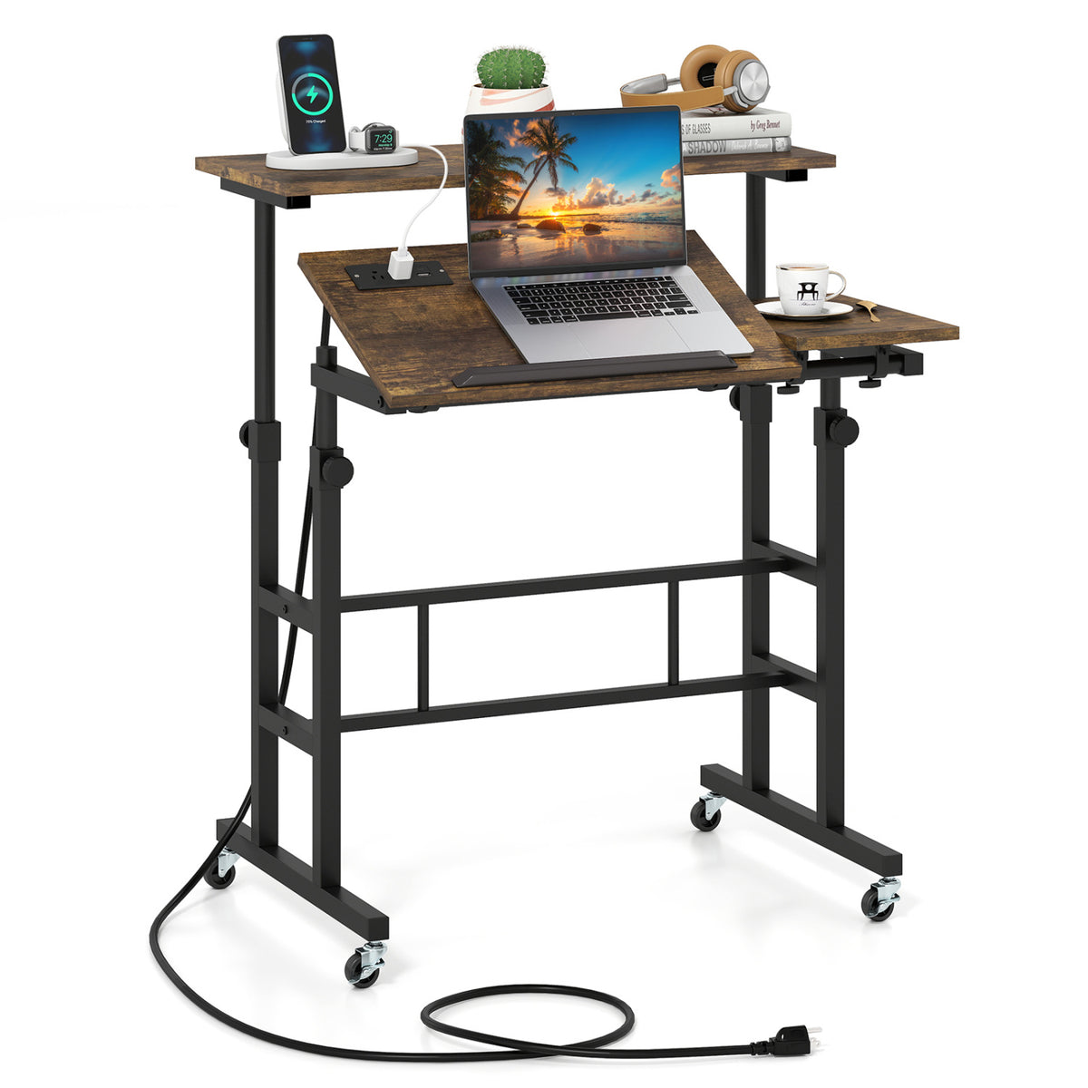 Height Adjustable Mobile Standing Desk with Power Outlets - Rustic Brown