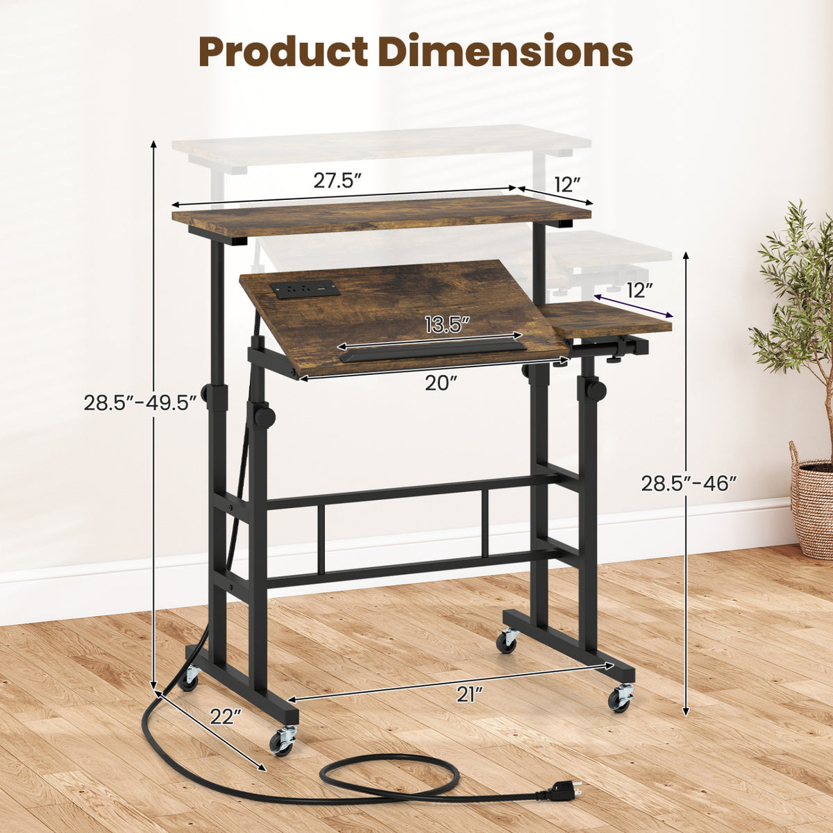 Height Adjustable Mobile Standing Desk with Power Outlets - Rustic Brown