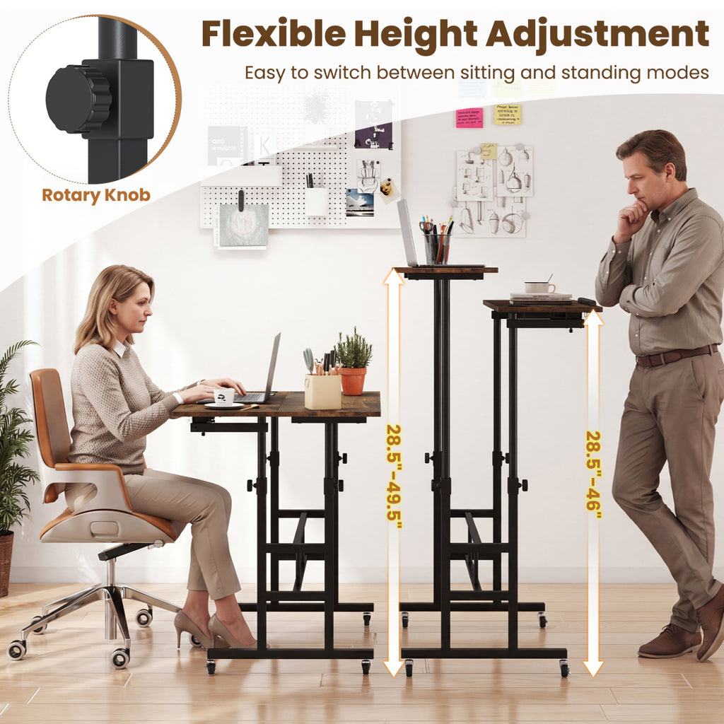 Height Adjustable Mobile Standing Desk with Power Outlets - Rustic Brown