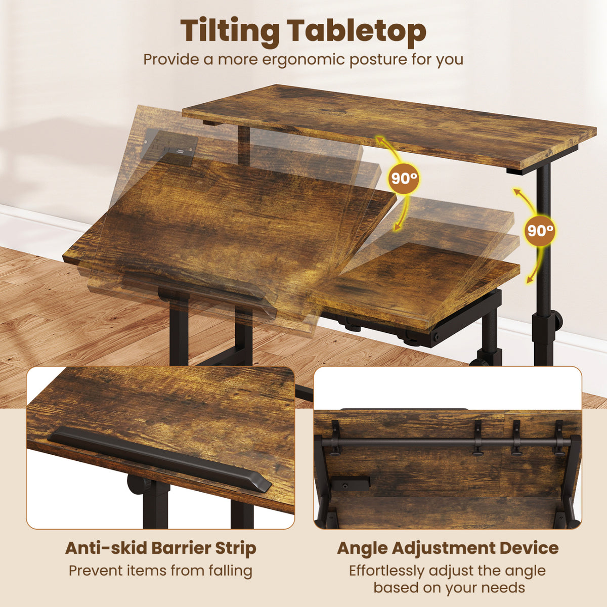 Height Adjustable Mobile Standing Desk with Power Outlets - Rustic Brown