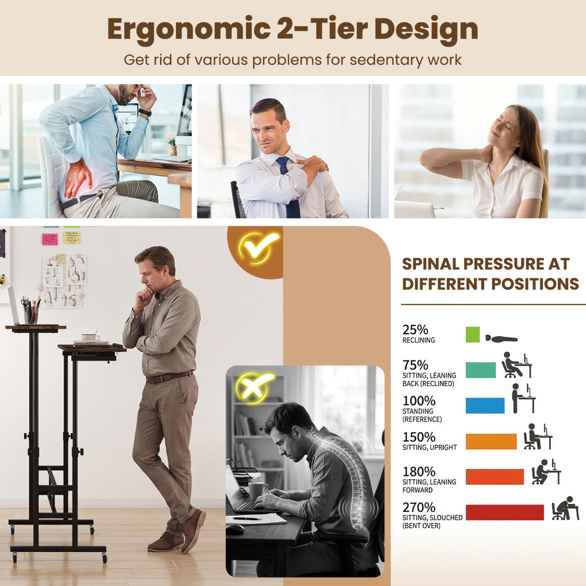 Height Adjustable Mobile Standing Desk with Power Outlets - Rustic Brown