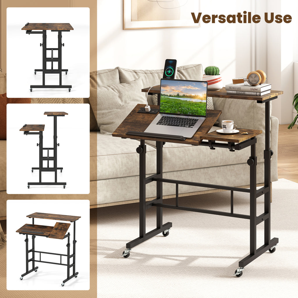 Height Adjustable Mobile Standing Desk with Power Outlets - Rustic Brown