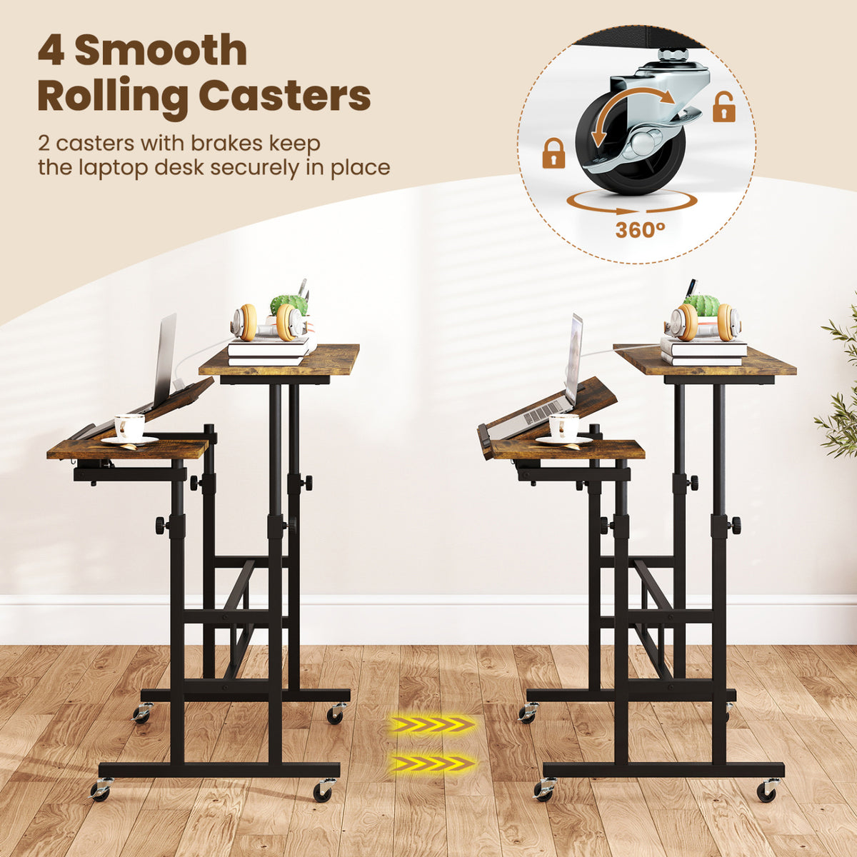 Height Adjustable Mobile Standing Desk with Power Outlets - Rustic Brown