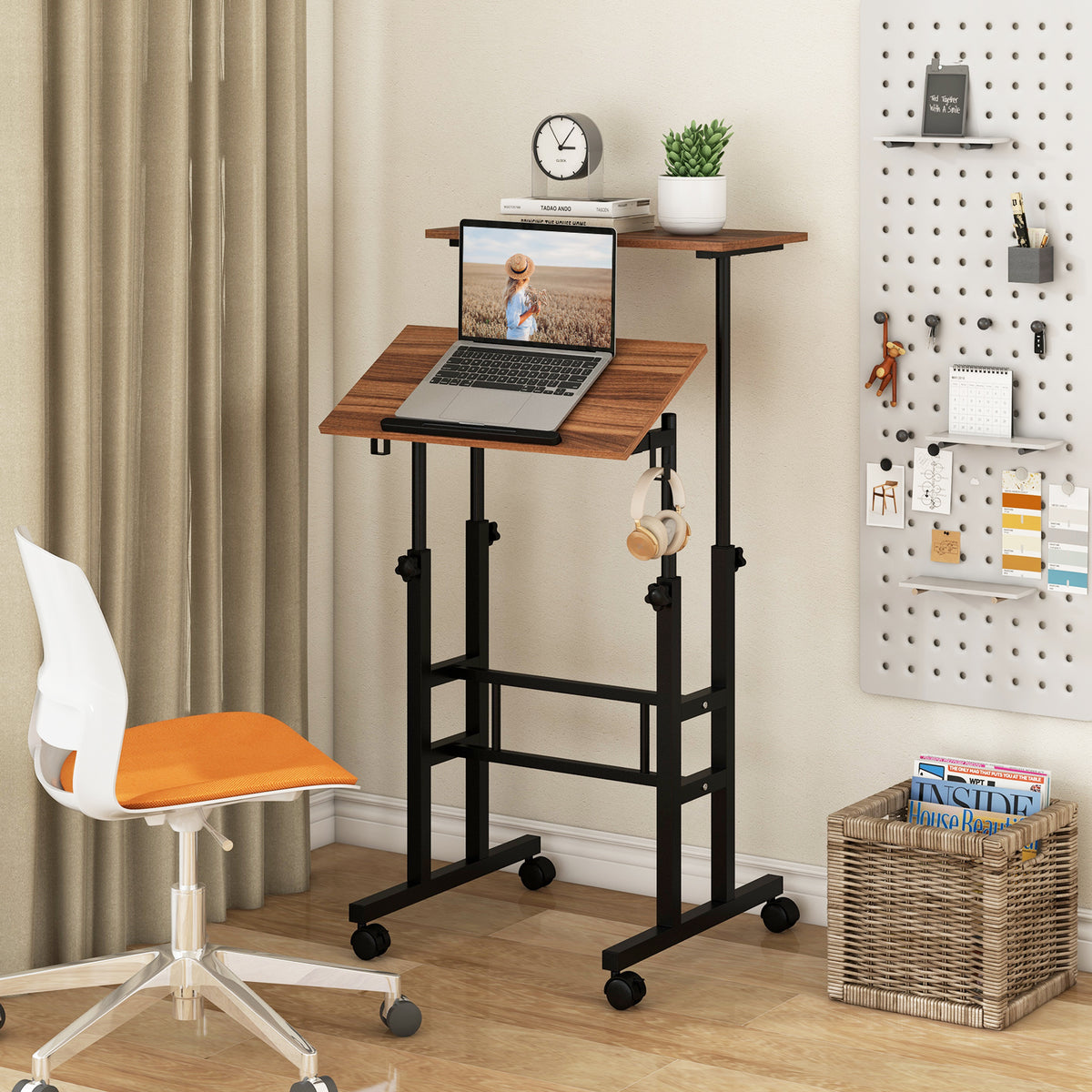 Height Adjustable Mobile Standing Desk with Tilting Desktop - Natural