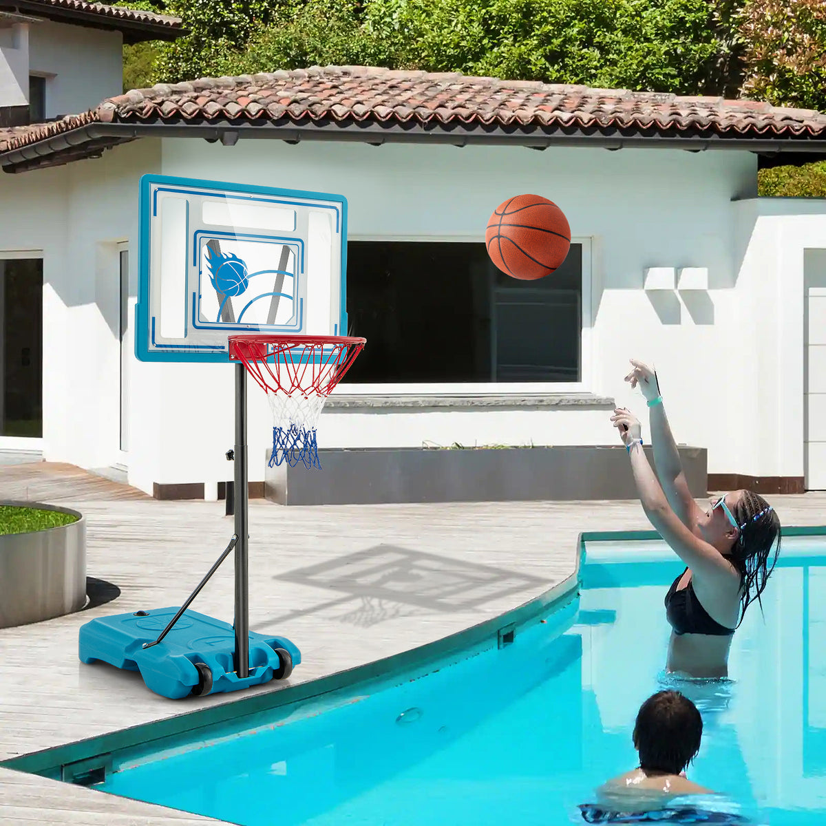 Portable Pool Basketball Hoop 3.8-4.4ft Height Adjustable with Wheels - Kids & Adults, Blue, 2-in-1 Variation