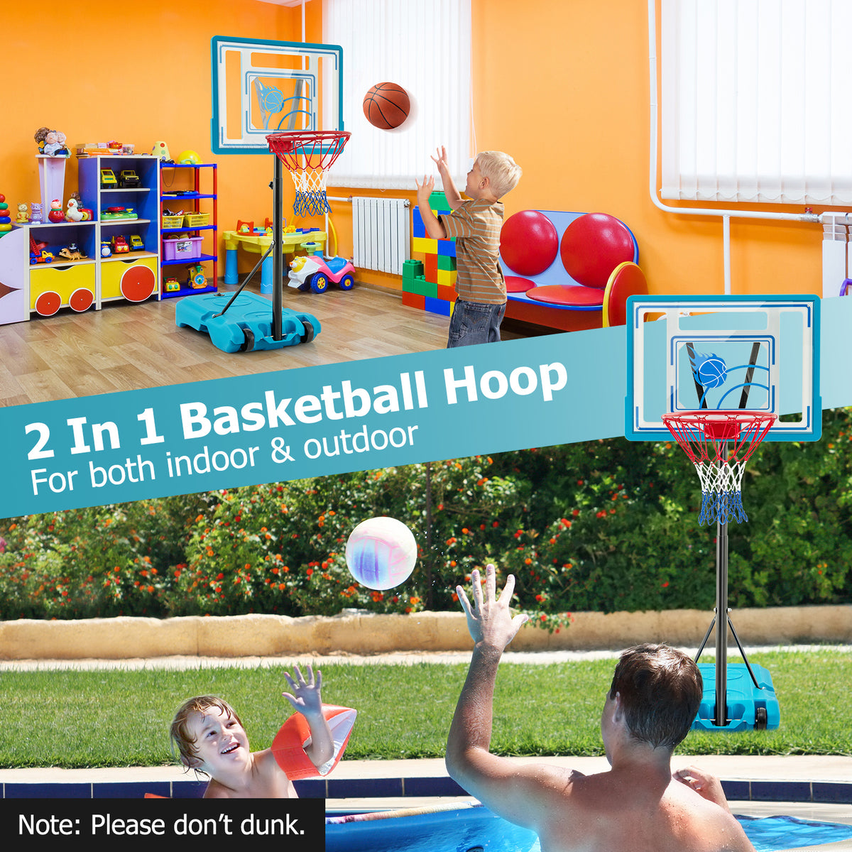Portable Pool Basketball Hoop 3.8-4.4ft Height Adjustable with Wheels - Kids & Adults, Blue, 2-in-1 Variation
