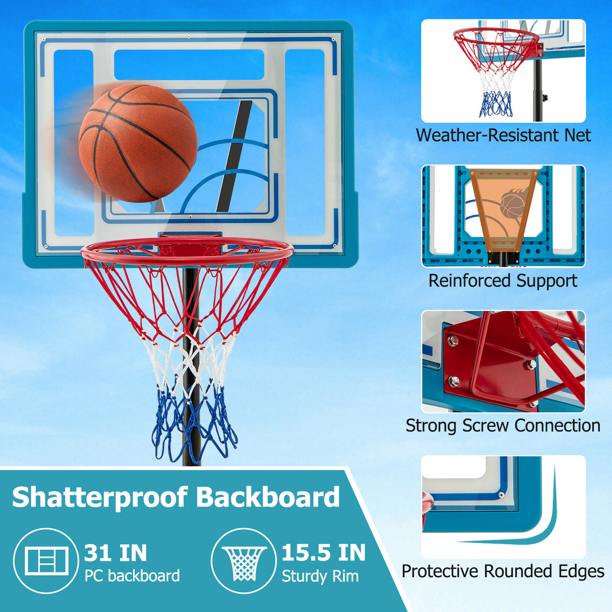 Portable Pool Basketball Hoop 3.8-4.4ft Height Adjustable with Wheels - Kids & Adults, Blue, 2-in-1 Variation