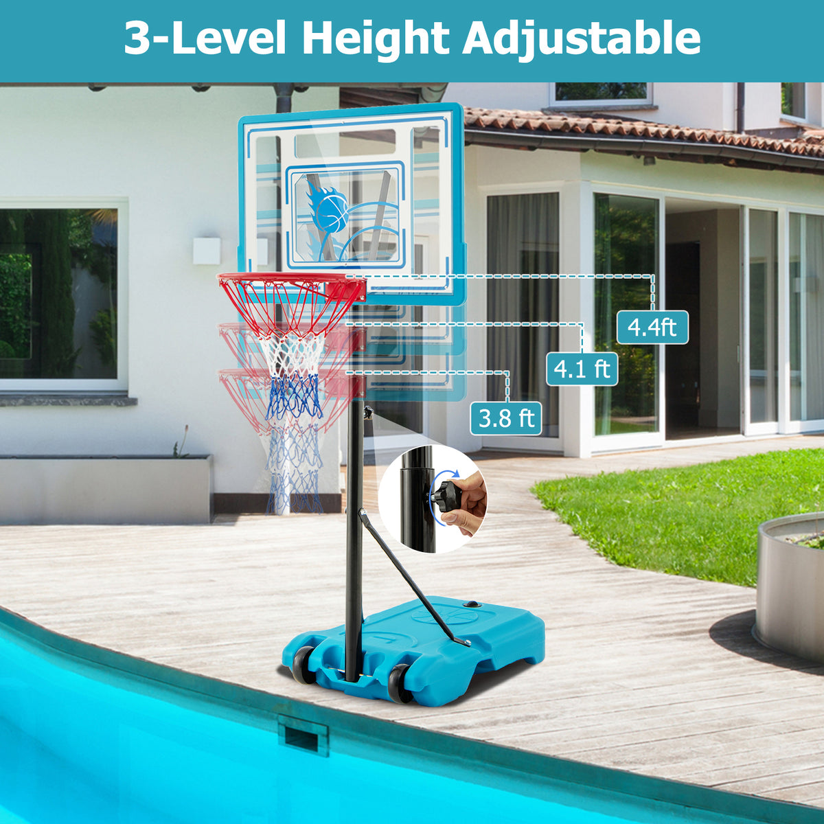 Portable Pool Basketball Hoop 3.8-4.4ft Height Adjustable with Wheels - Kids & Adults, Blue, 2-in-1 Variation