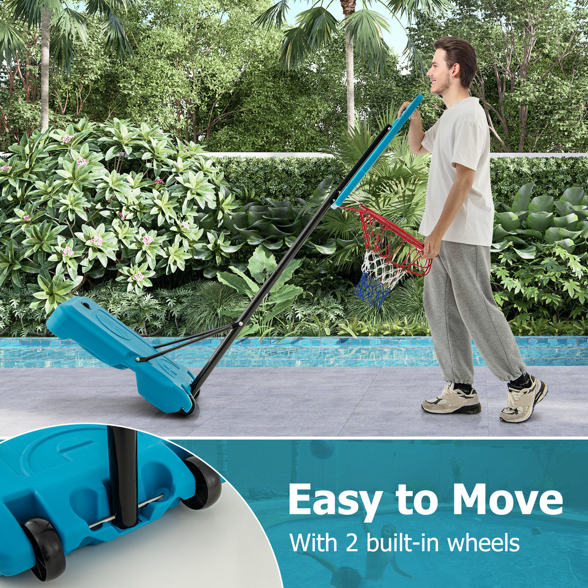 Portable Pool Basketball Hoop 3.8-4.4ft Height Adjustable with Wheels - Kids & Adults, Blue, 2-in-1 Variation