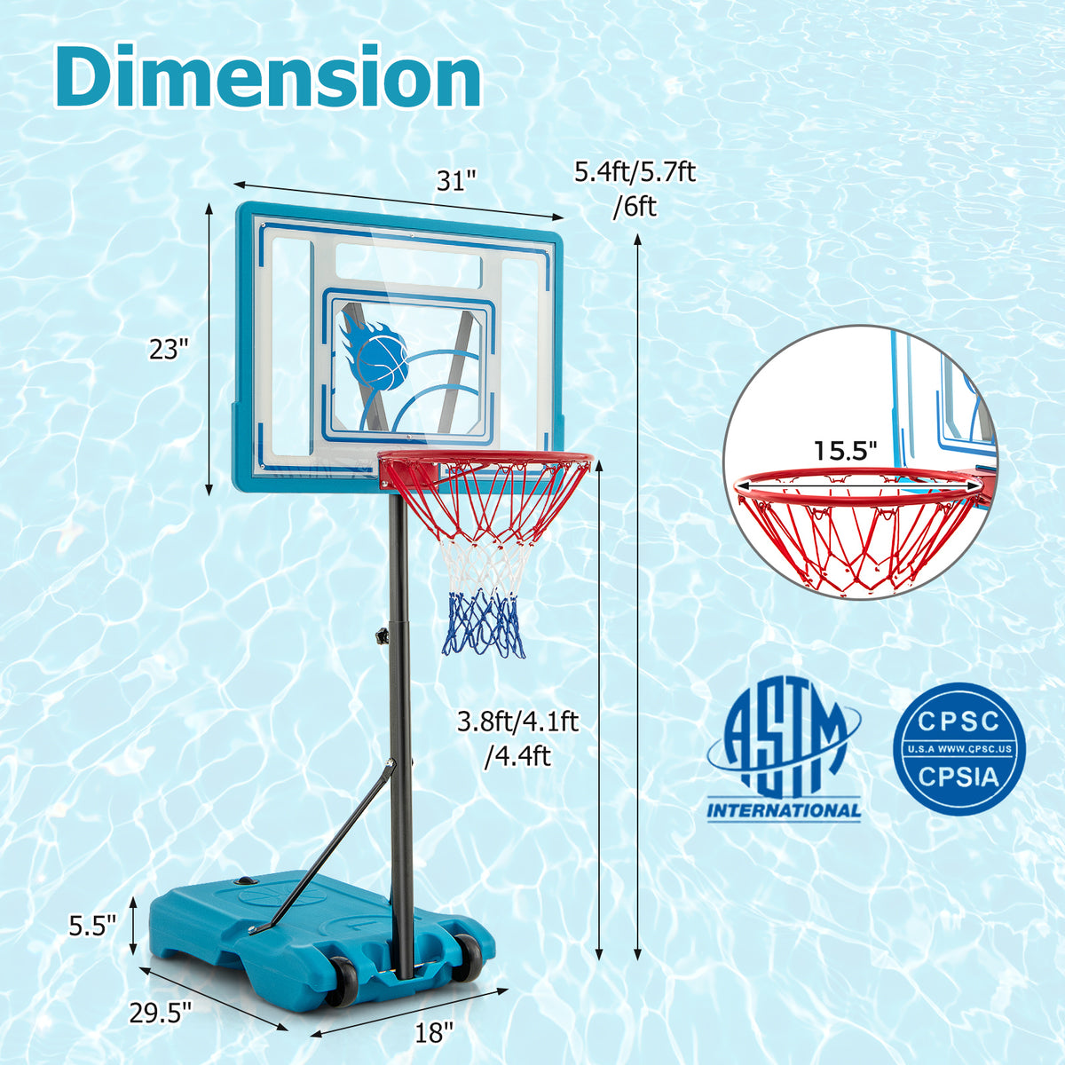 Portable Pool Basketball Hoop 3.8-4.4ft Height Adjustable with Wheels - Kids & Adults, Blue, 2-in-1 Variation