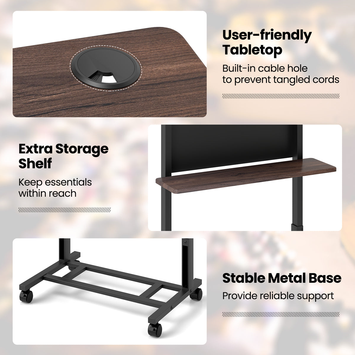 Height-Adjustable Rolling Podium Lectern – Walnut, Black