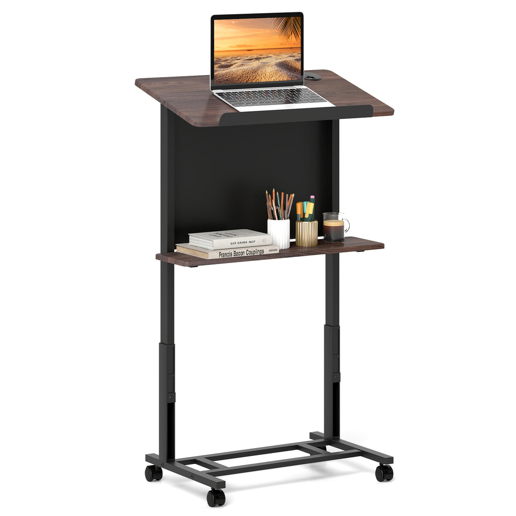 Height-Adjustable Rolling Podium Lectern – Walnut, Black