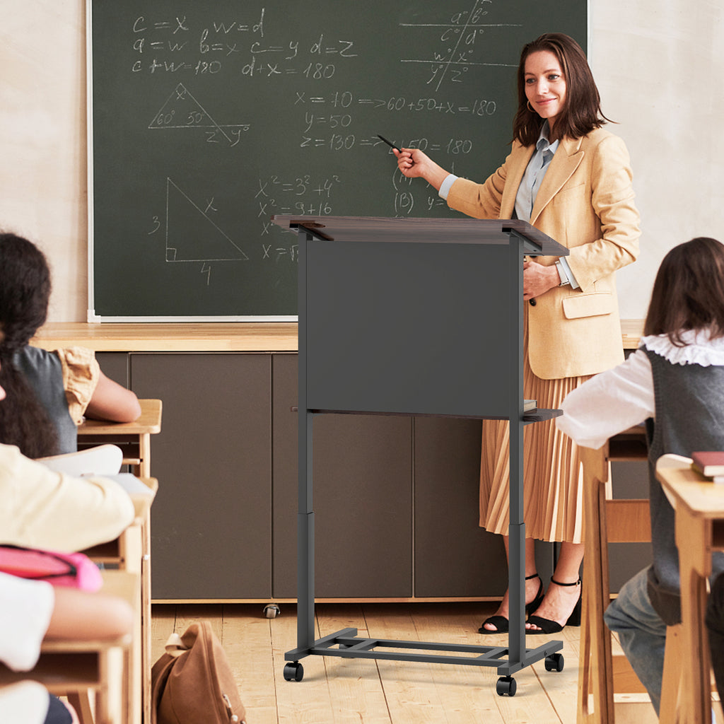 Height-Adjustable Rolling Podium Lectern – Walnut, Black