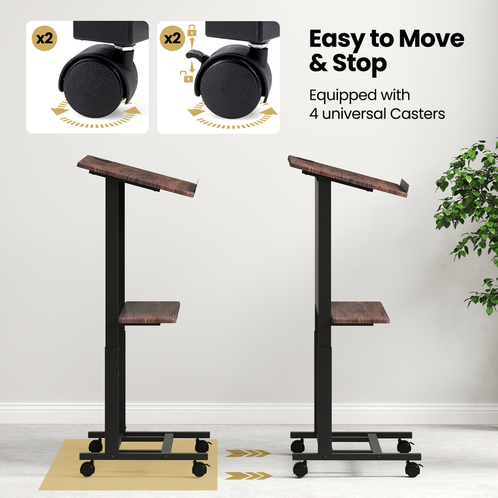 Height-Adjustable Rolling Podium Lectern – Walnut, Black