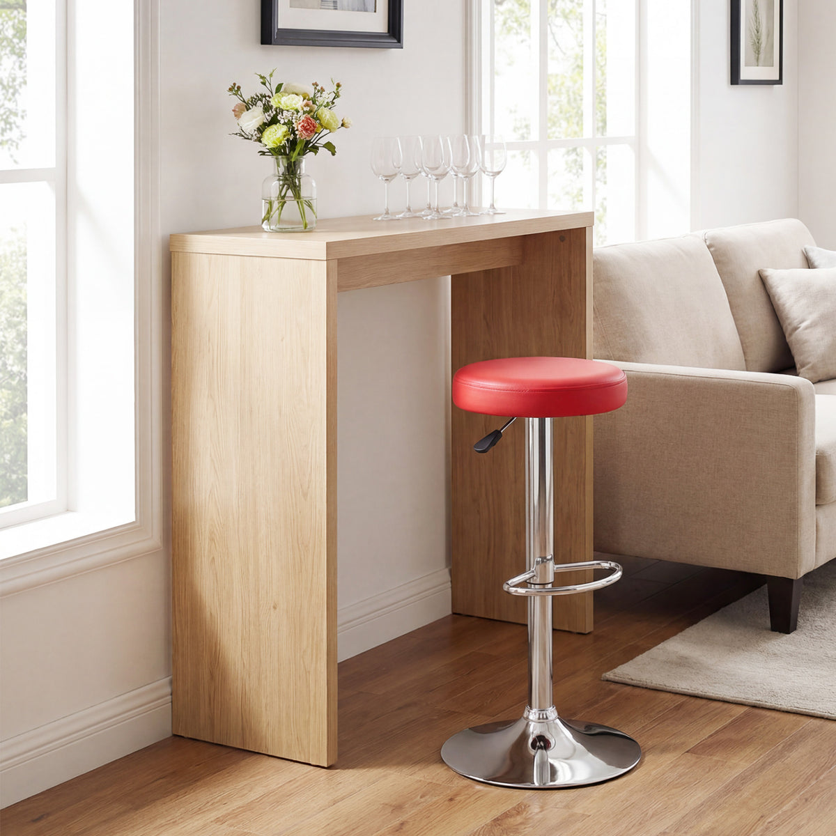 Height-Adjustable Bar Stool with 360° Swivel - Red