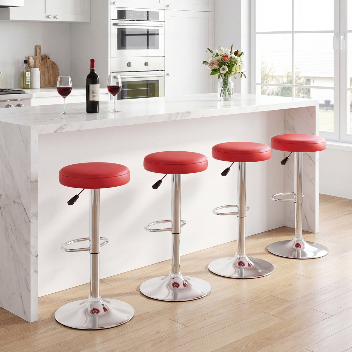 Height-Adjustable Bar Stool with 360° Swivel - Red