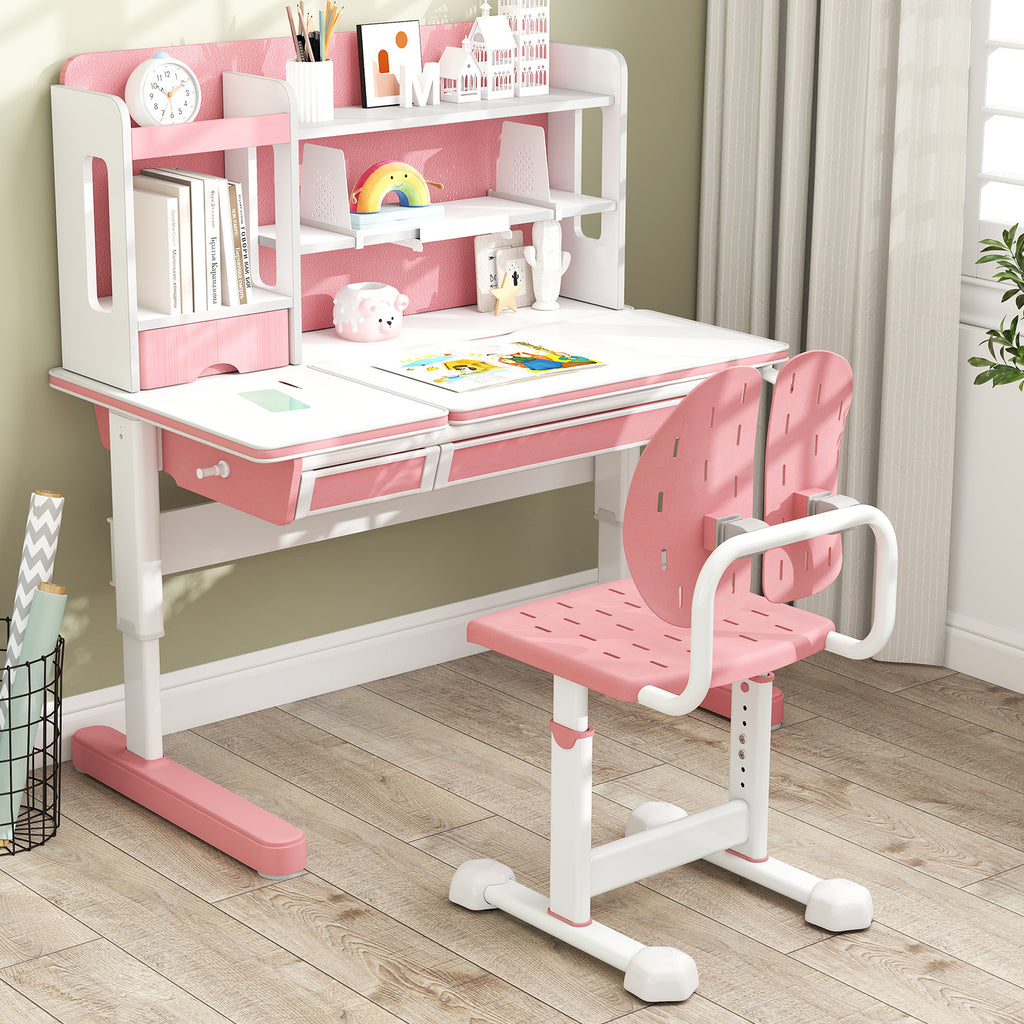 Height-Adjustable Kid's Study Chair with Double Back Support Pink Breathable Holes