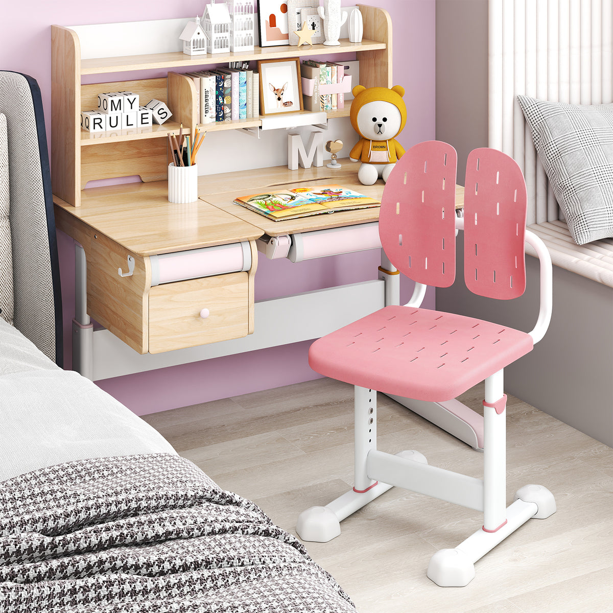 Height-Adjustable Kid's Study Chair with Double Back Support Pink Breathable Holes