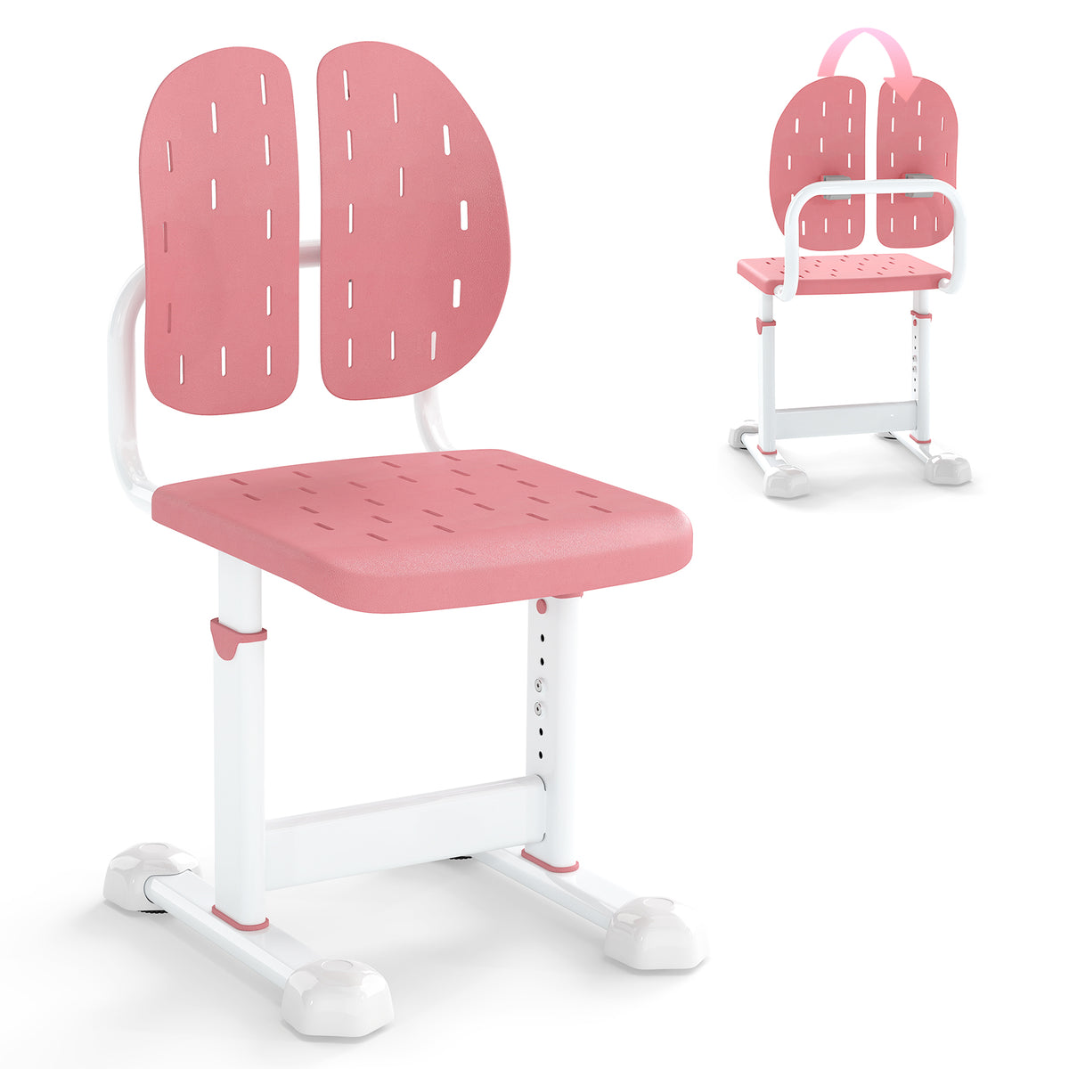 Height-Adjustable Kid's Study Chair with Double Back Support Pink Breathable Holes