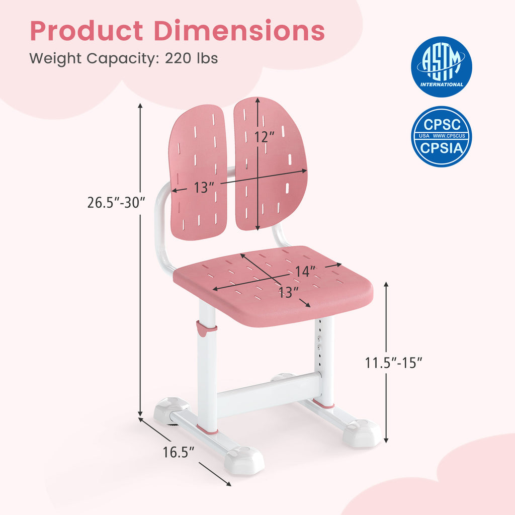 Height-Adjustable Kid's Study Chair with Double Back Support Pink Breathable Holes