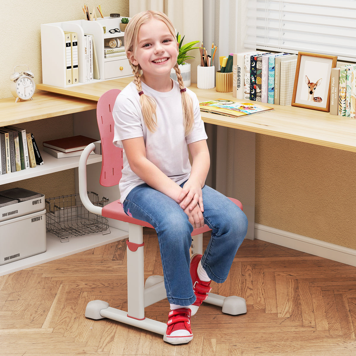 Height-Adjustable Kid's Study Chair with Double Back Support Pink Breathable Holes