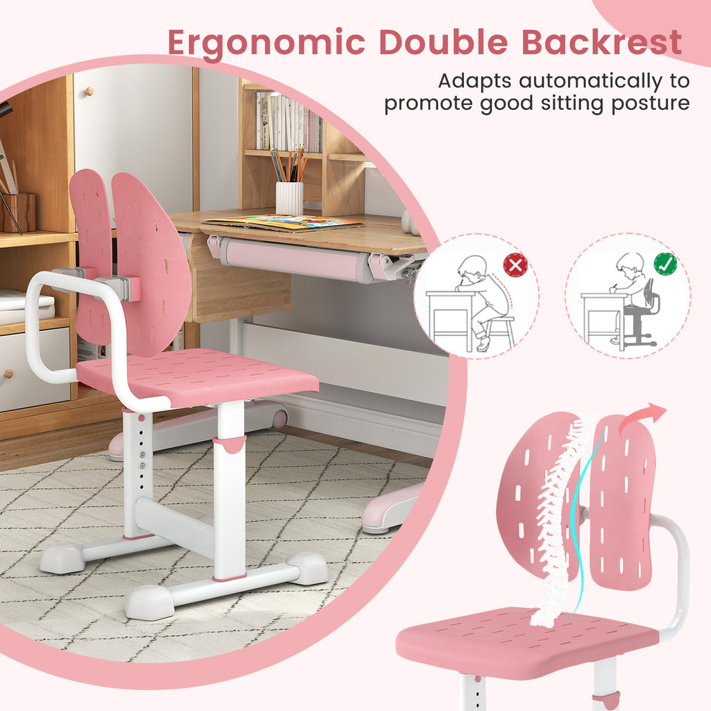 Height-Adjustable Kid's Study Chair with Double Back Support Pink Breathable Holes