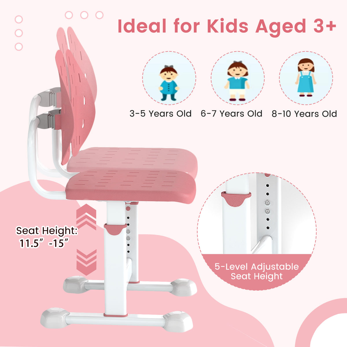 Height-Adjustable Kid's Study Chair with Double Back Support Pink Breathable Holes