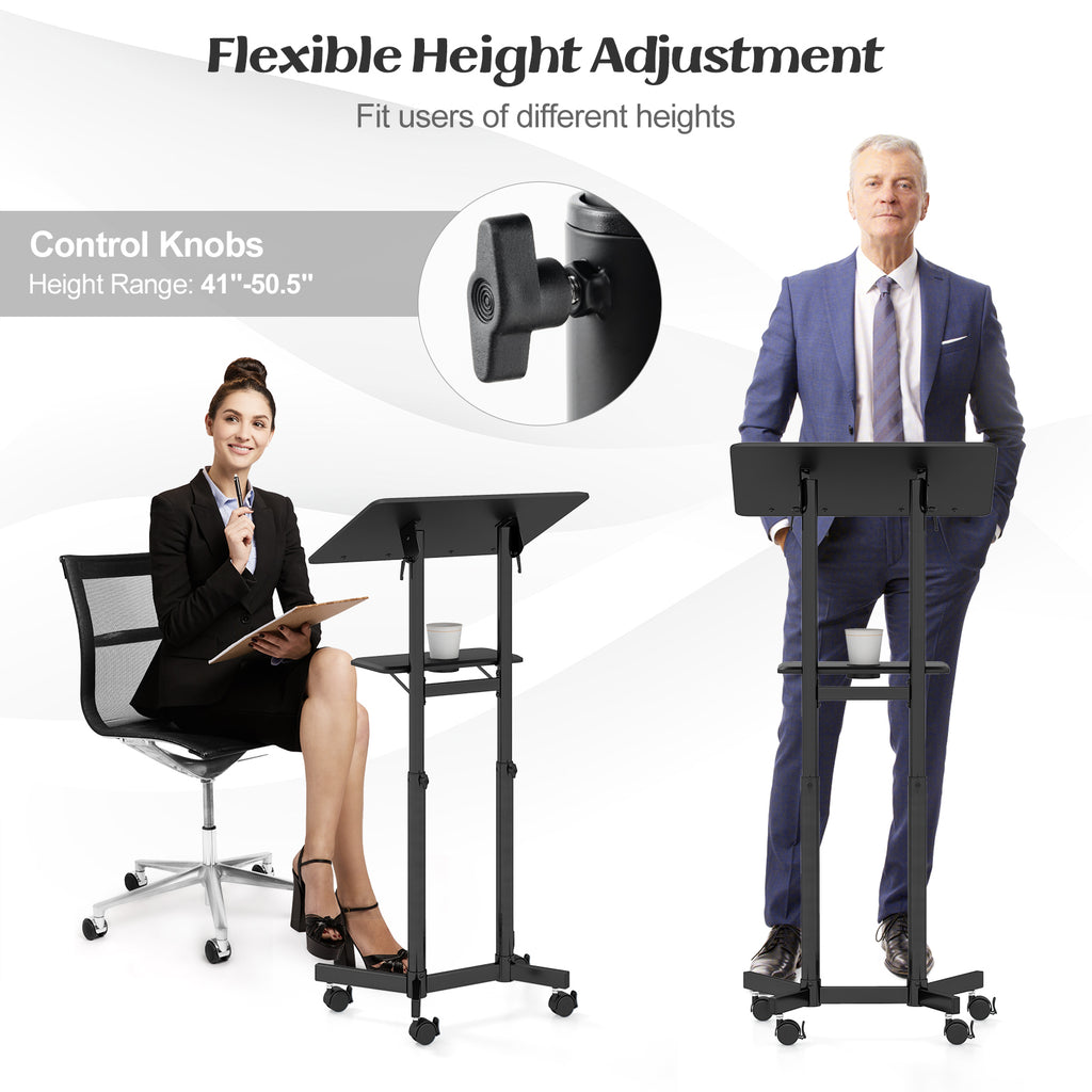 Mobile Lectern Podium Height-Adjustable Rolling Cart - Black