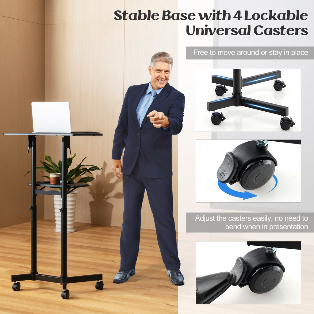 Mobile Lectern Podium Height-Adjustable Rolling Cart - Black