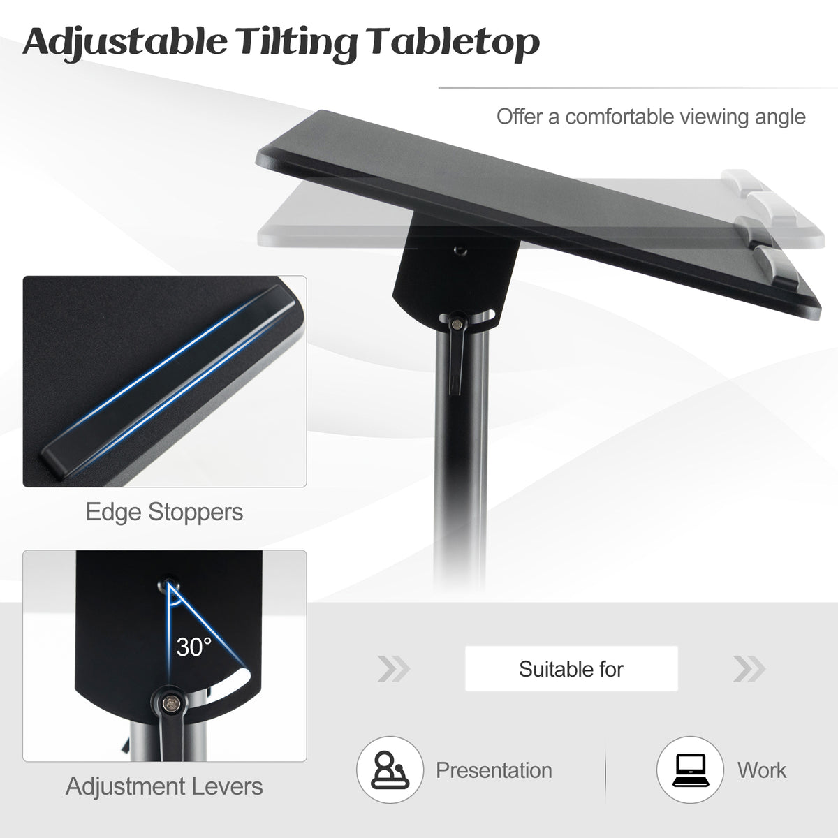 Mobile Lectern Podium Height-Adjustable Rolling Cart - Black