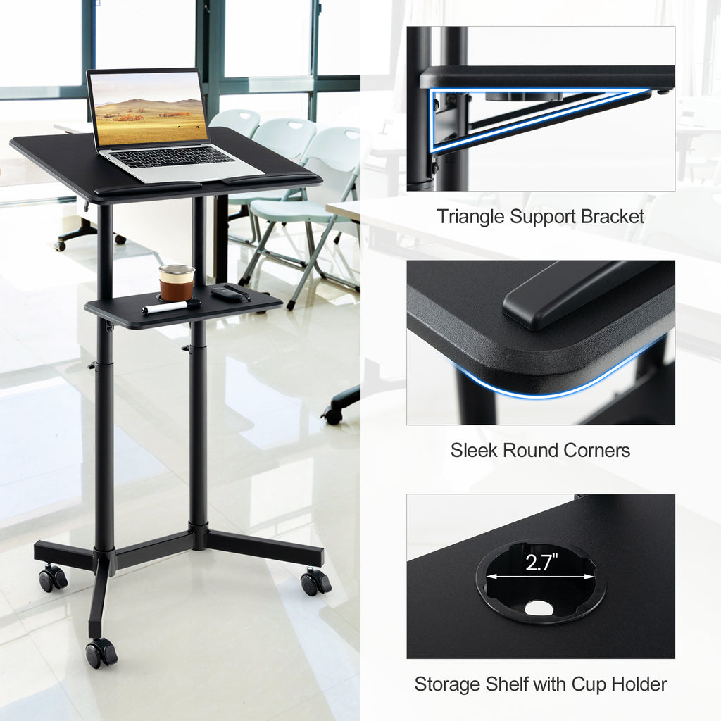Mobile Lectern Podium Height-Adjustable Rolling Cart - Black
