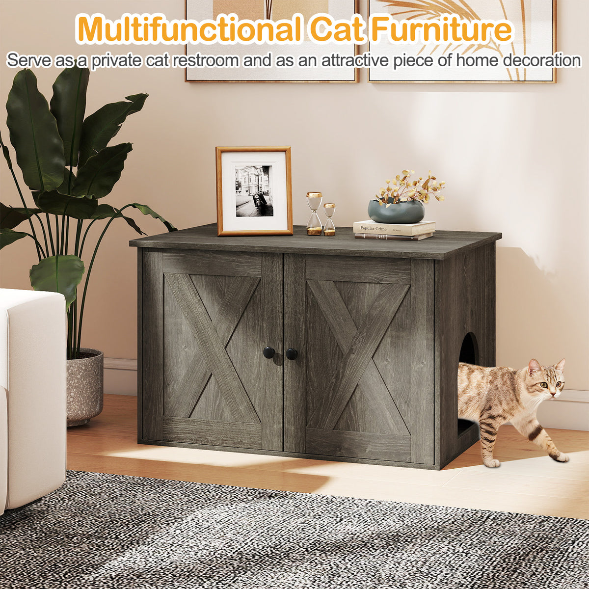 Hidden Cat Litter Box Enclosure Furniture with Divider - Oak Variation