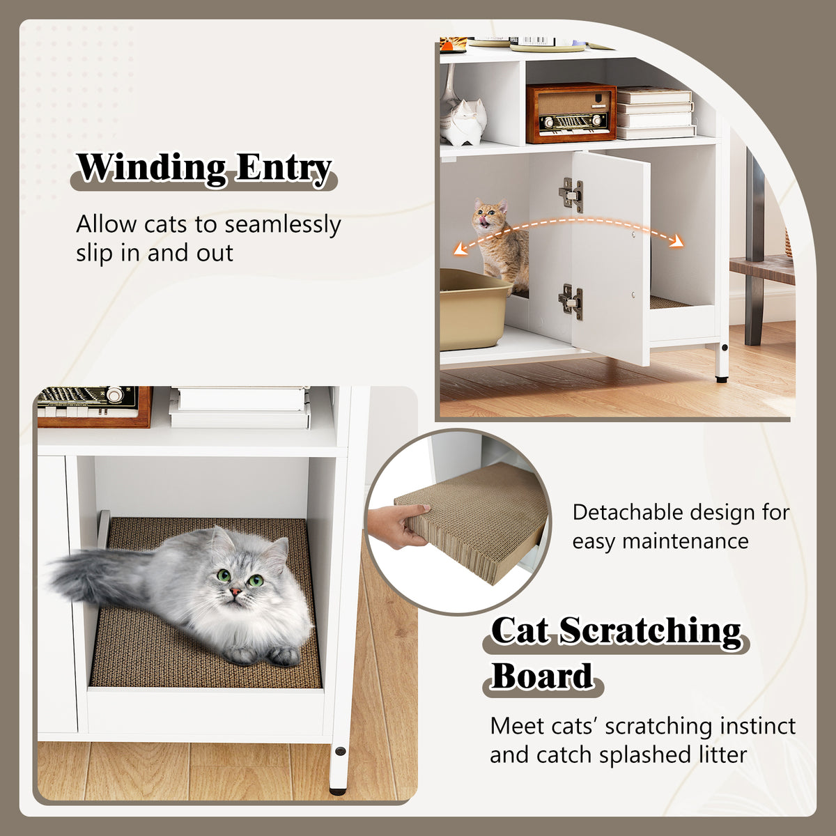 Hidden Cat Washroom Cabinet with Double Doors & Scratch Cardboard - Off White